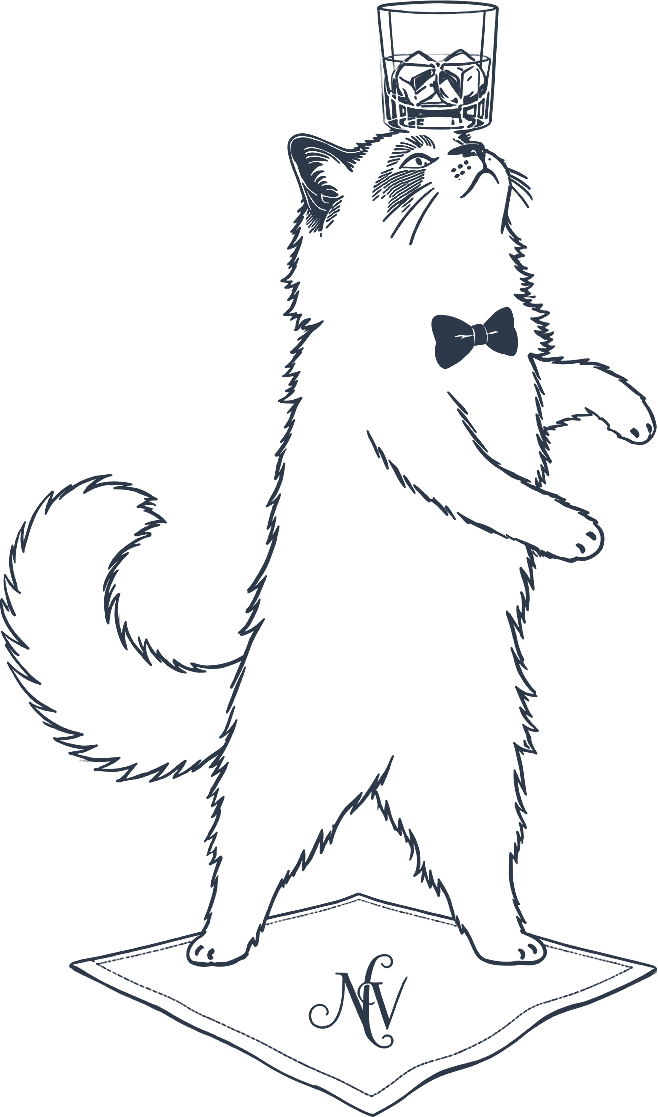 Nick and Vanessa's cat logo: a black cat in a bow tie balancing a cocktail